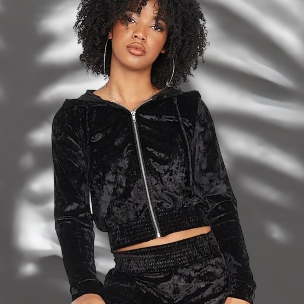 URBAN PLANET WEEKEND EDITION Black Crushed Velvet Zip-Up Hoodie